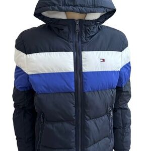 Tommy Hilfiger Hooded Wind Resistant Puffer Jacket Navy Blue White Mens Medium M